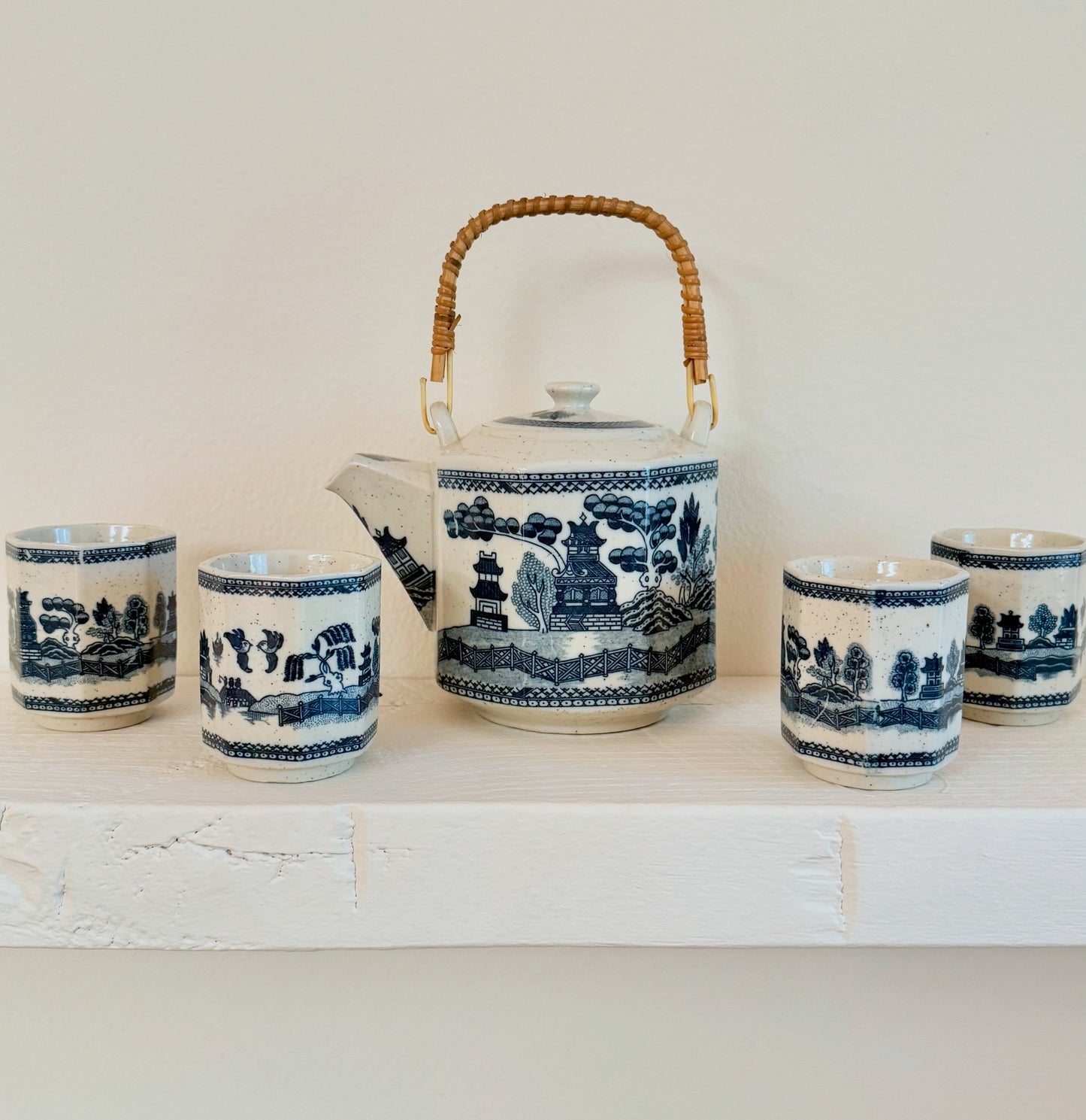 Vintage Blue & White Chinese Tea or Sake Set with Bamboo Handle