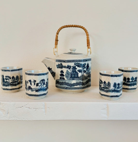 Vintage Blue & White Chinese Tea or Sake Set with Bamboo Handle