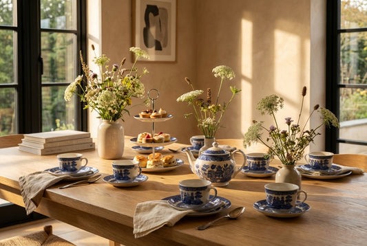Blue and White Willow Pattern Teacups and Saucers Set of 4