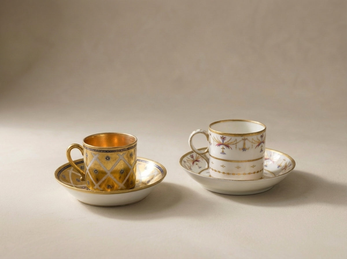 Antique 19th Century Gilded Porcelain Teacup Sets - Sold as a Pair