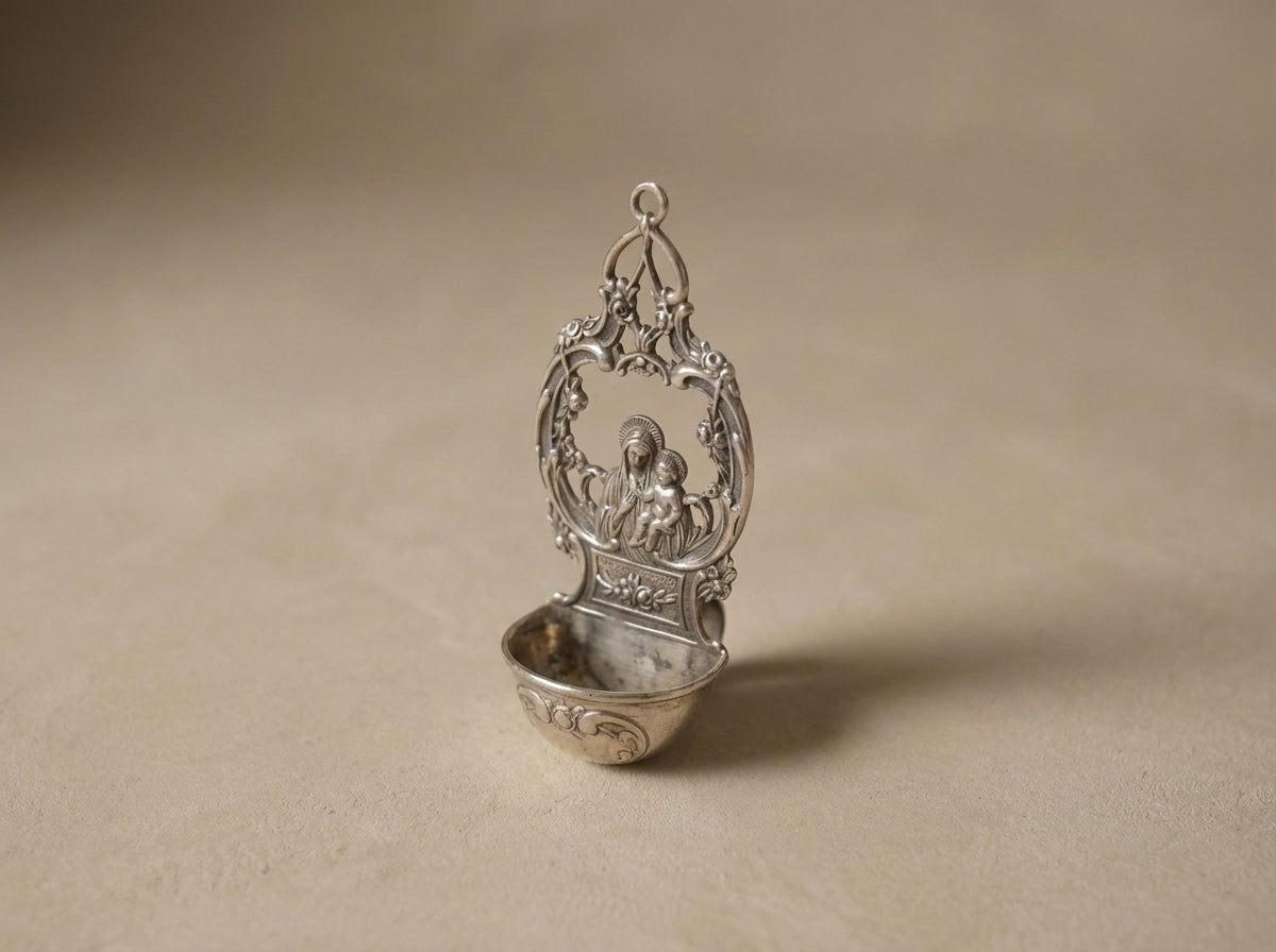 Ornate Silver Madonna & Child Holy Water Font