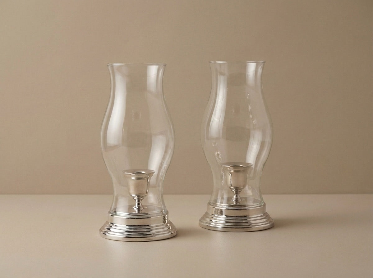 Classic Silver & Glass Hurricane Candle Holders (Sold as a Pair)
