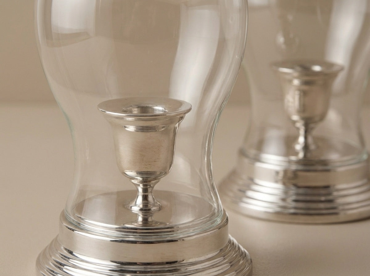 Classic Silver & Glass Hurricane Candle Holders (Sold as a Pair)