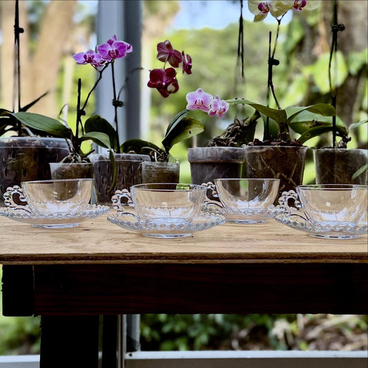 Vintage Candlewick Glass Teacup & Saucer Set of 4