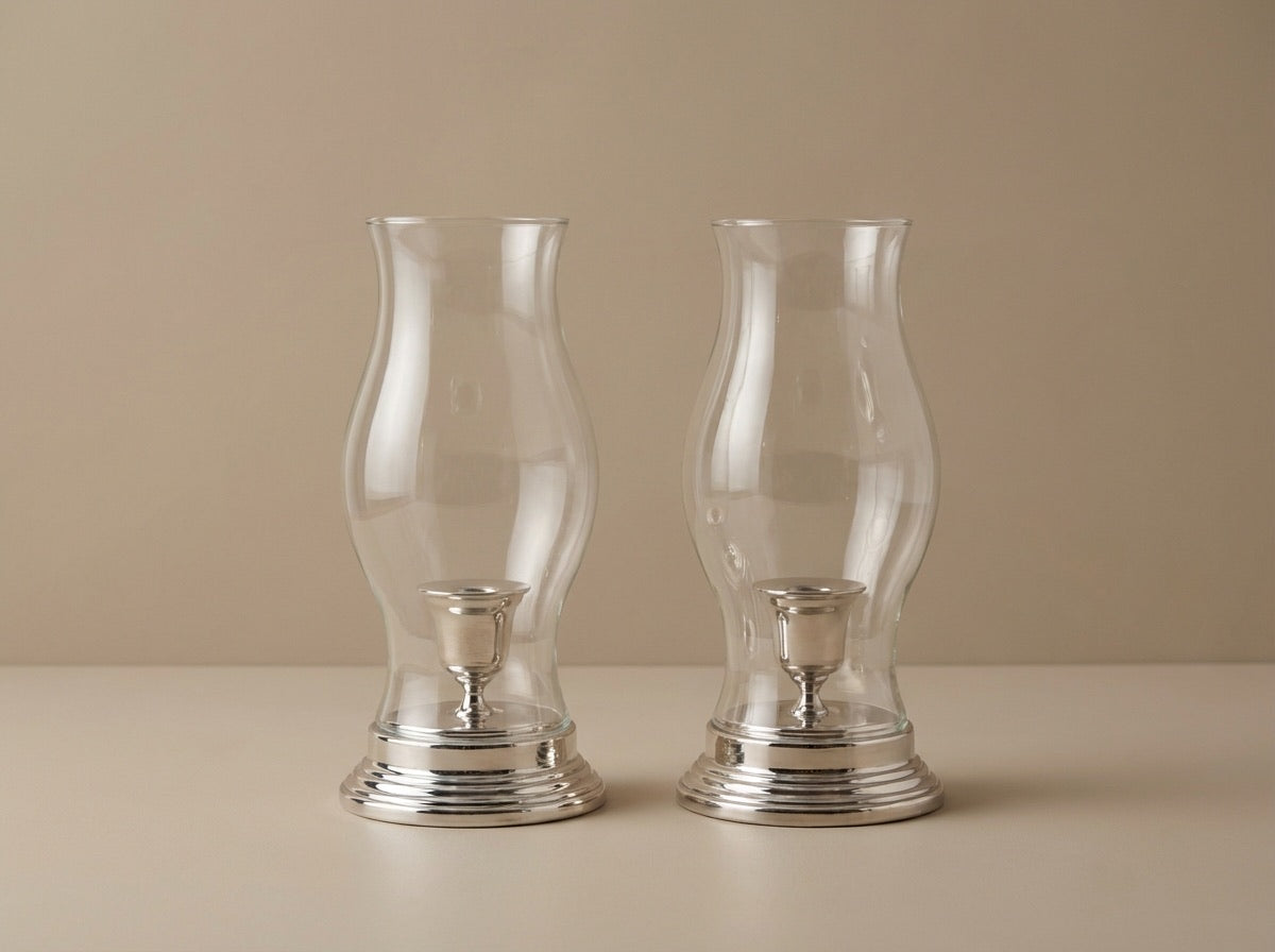 Classic Silver & Glass Hurricane Candle Holders (Sold as a Pair)