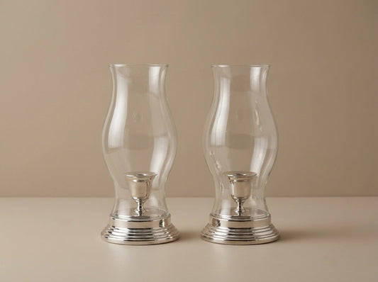Classic Silver & Glass Hurricane Candle Holders (Sold as a Pair)