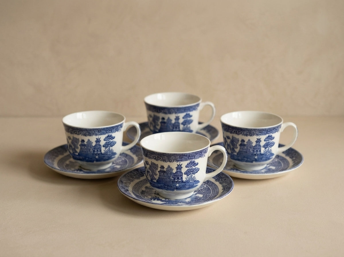 Blue and White Willow Pattern Teacups and Saucers Set of 4