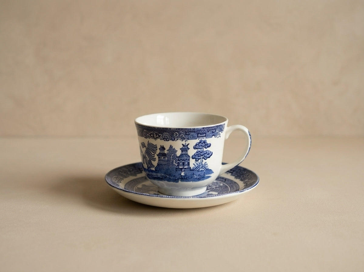 Blue and White Willow Pattern Teacups and Saucers Set of 4