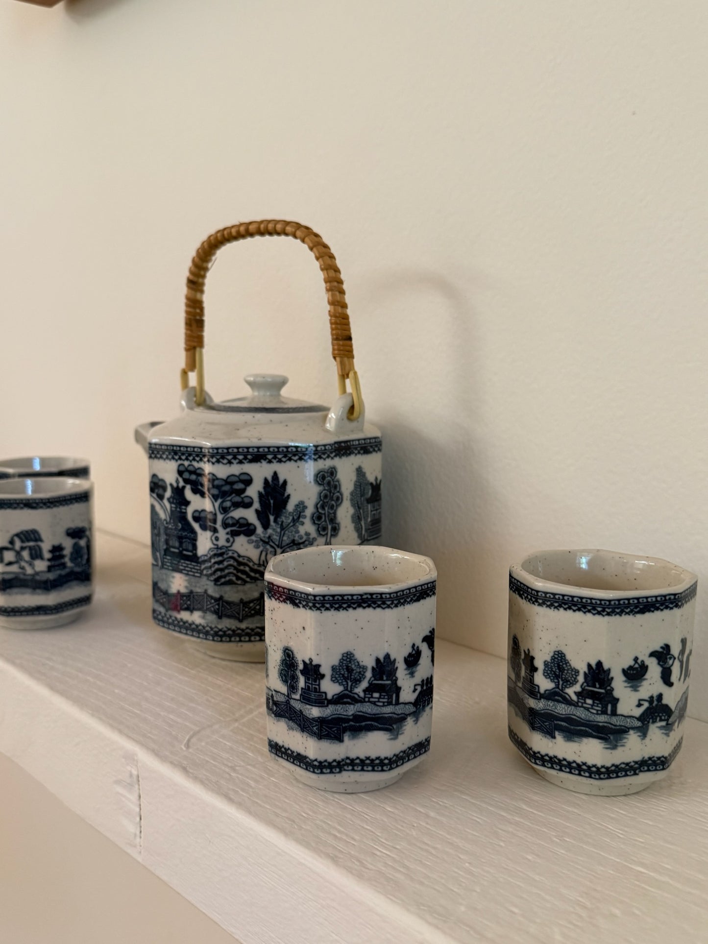 Vintage Blue & White Chinese Tea or Sake Set with Bamboo Handle