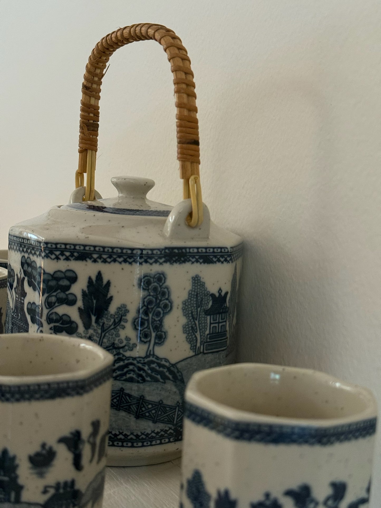 Vintage Blue & White Chinese Tea or Sake Set with Bamboo Handle