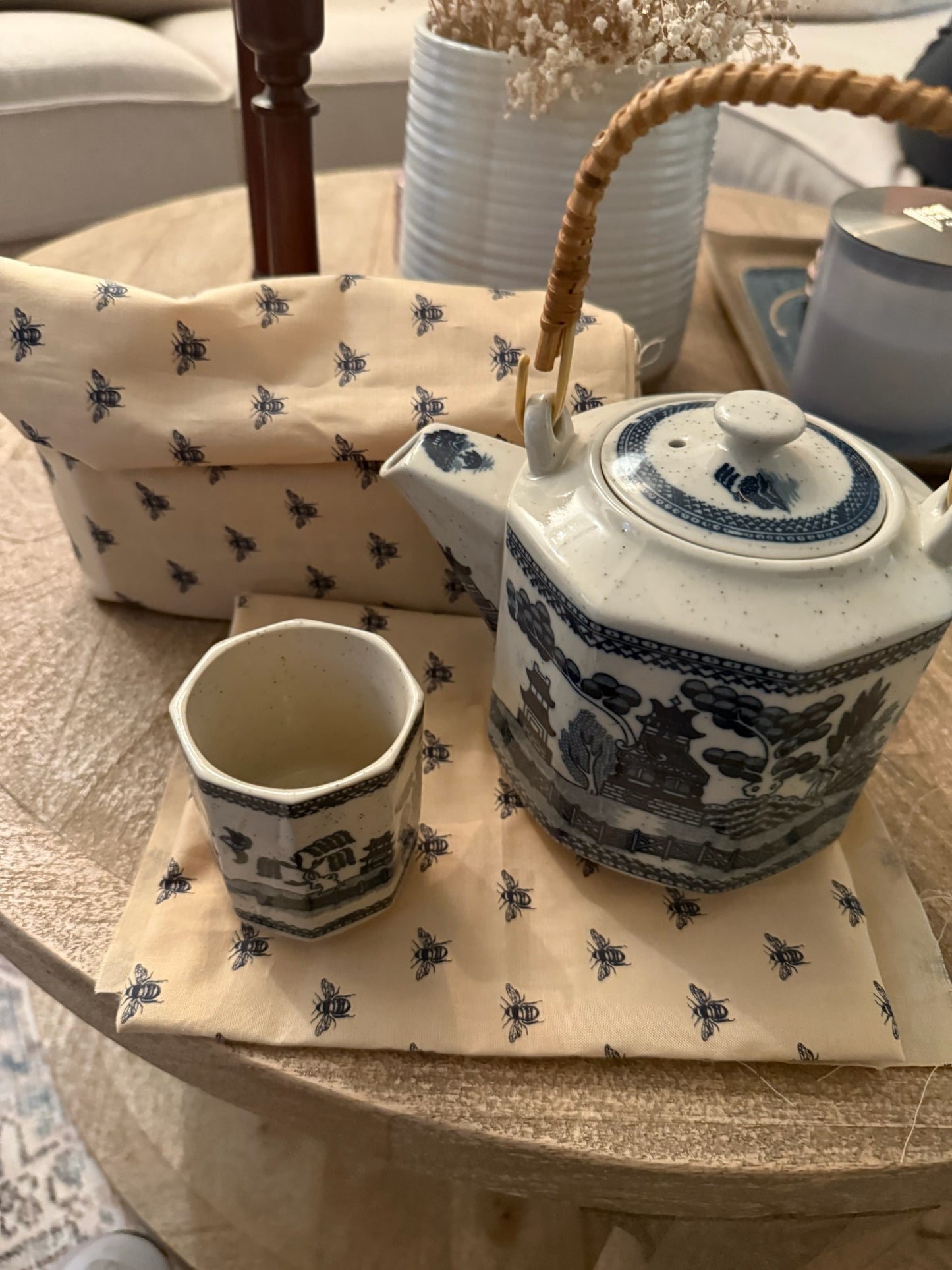 Vintage Blue & White Chinese Tea or Sake Set with Bamboo Handle