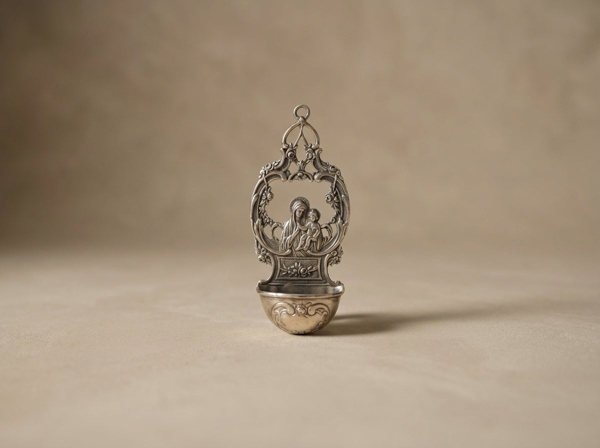 Ornate Silver Madonna & Child Holy Water Font