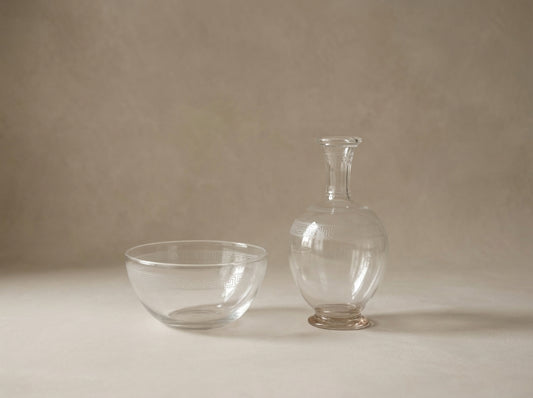 Neoclassical Etched Crystal Greek Key Vase & Bowl Set