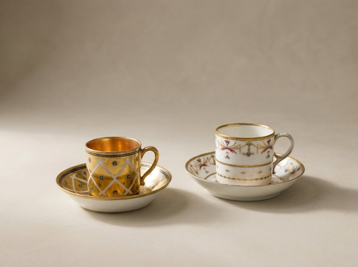 Antique 19th Century Gilded Porcelain Teacup Sets - Sold as a Pair