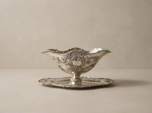 Antique Silver Rococo Repoussé Gravy Boat & Underplate