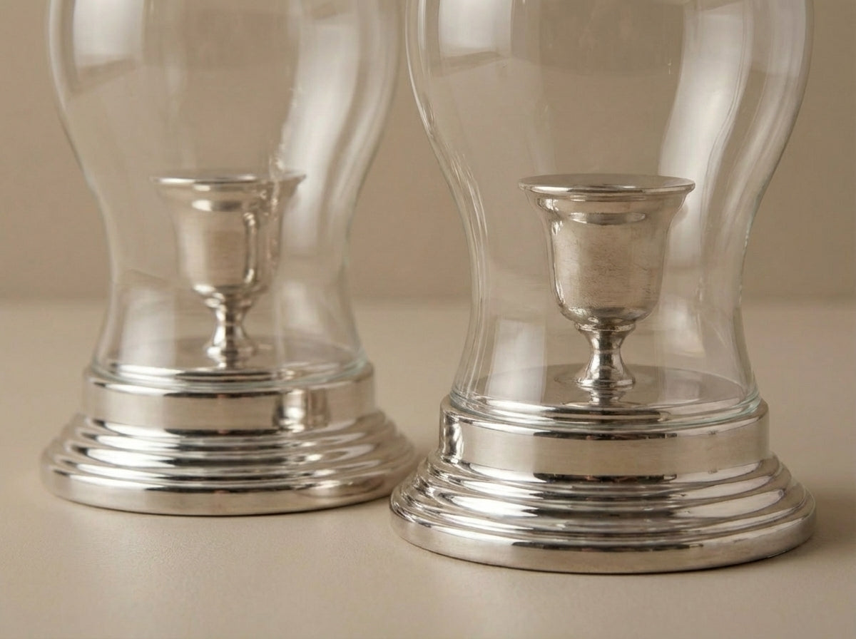 Classic Silver & Glass Hurricane Candle Holders (Sold as a Pair)