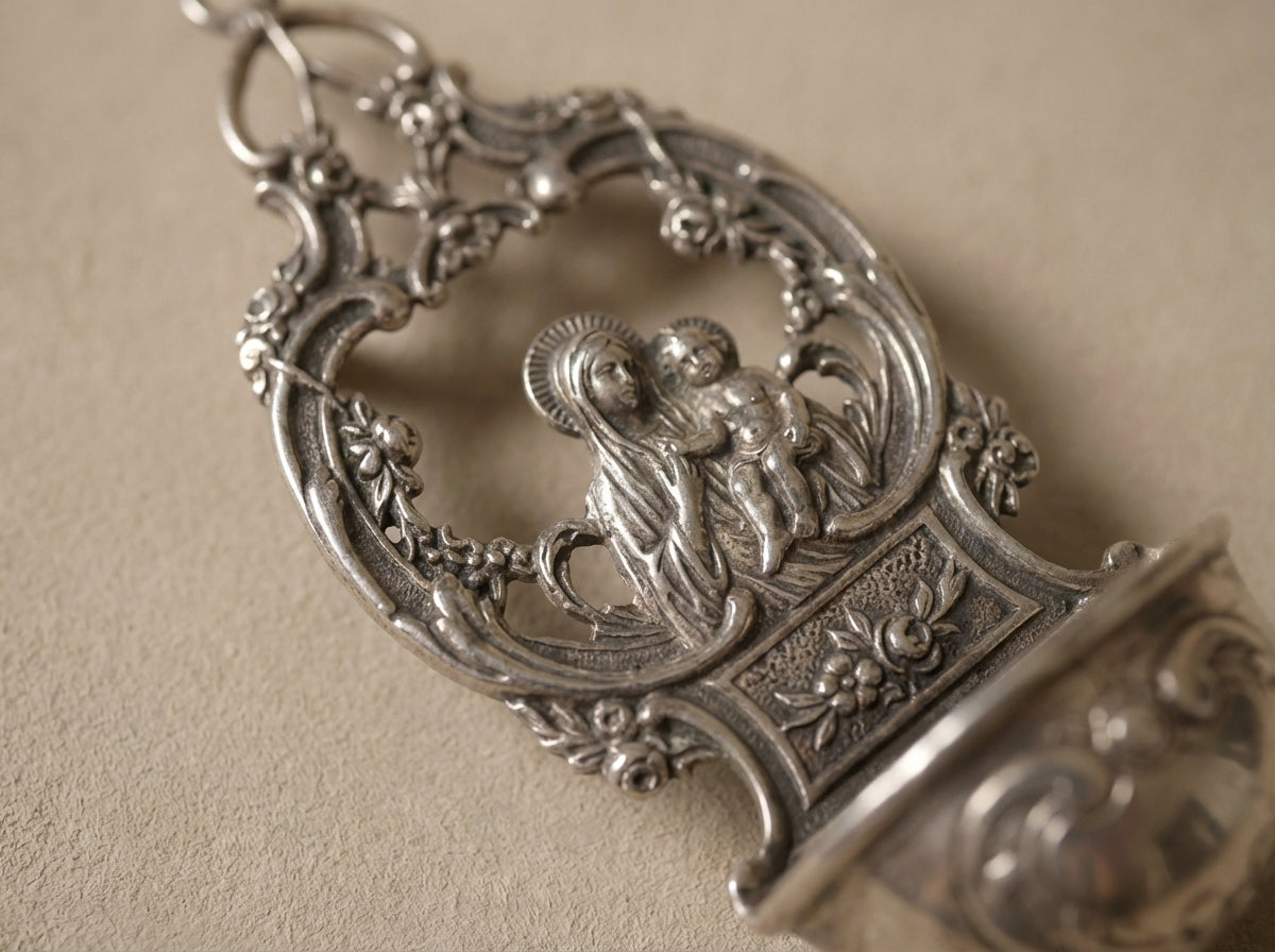 Ornate Silver Madonna & Child Holy Water Font