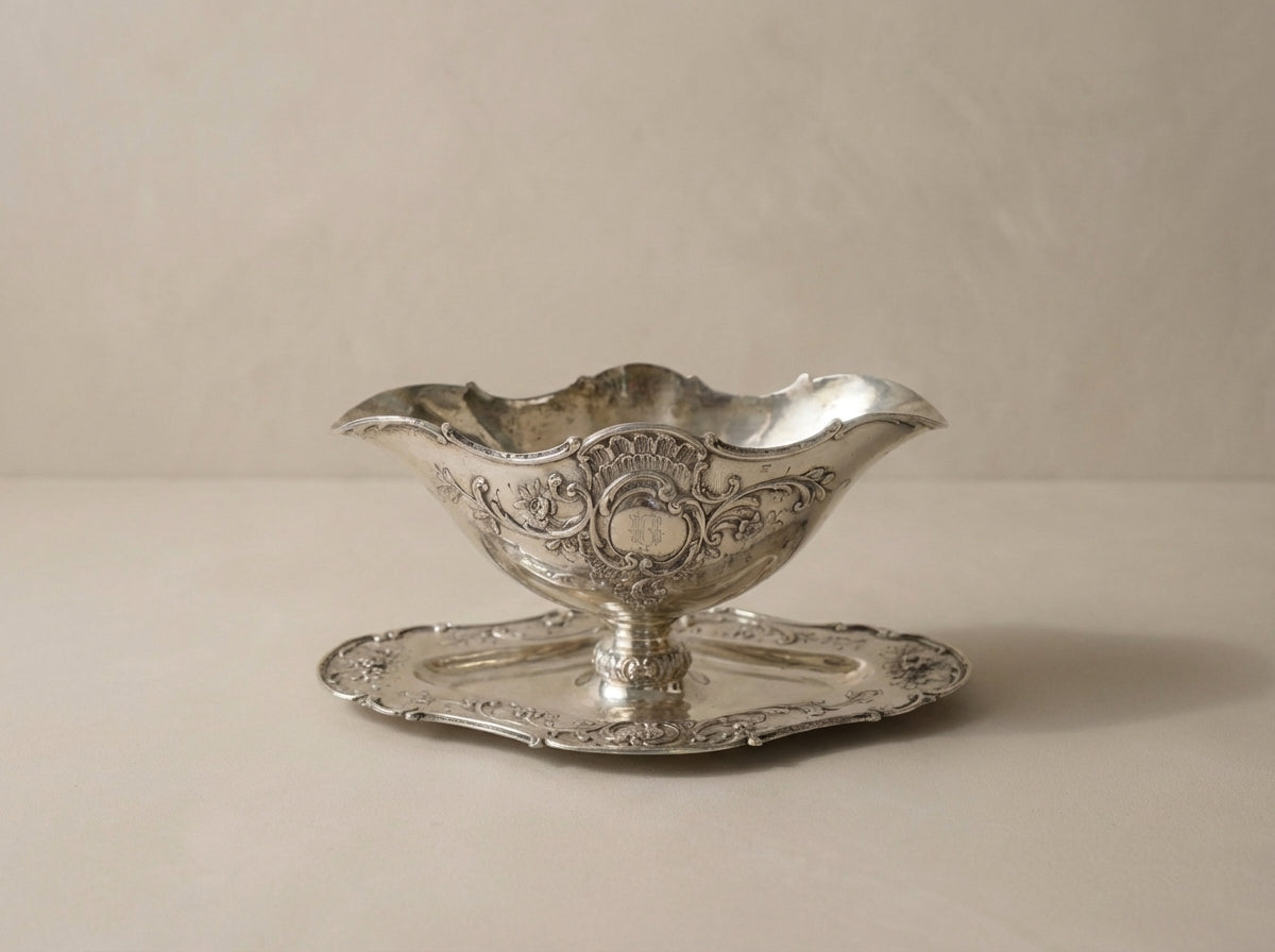 Antique Silver Rococo Repoussé Gravy Boat & Underplate