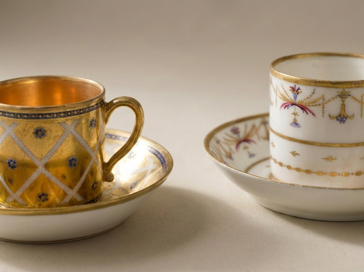 Antique 19th Century Gilded Porcelain Teacup Sets - Sold as a Pair