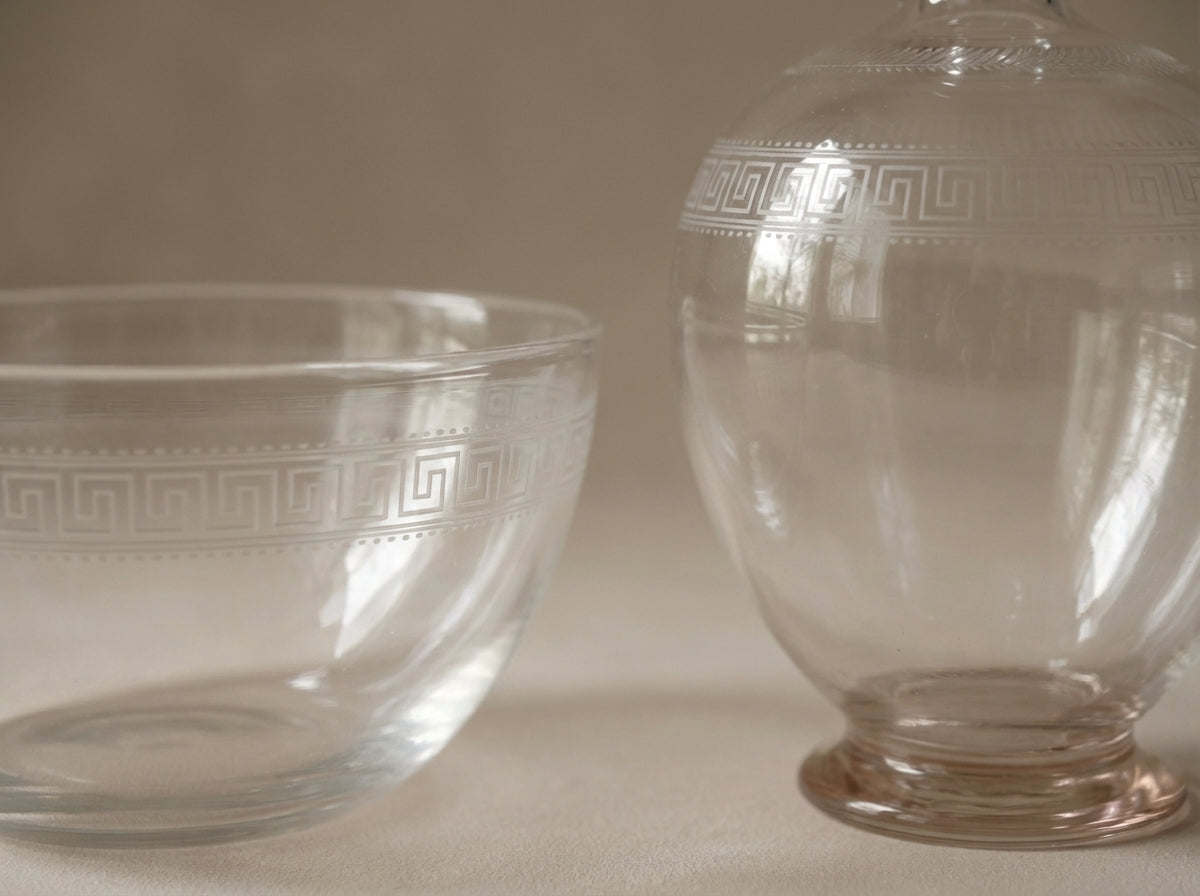 Neoclassical Etched Crystal Greek Key Vase & Bowl Set