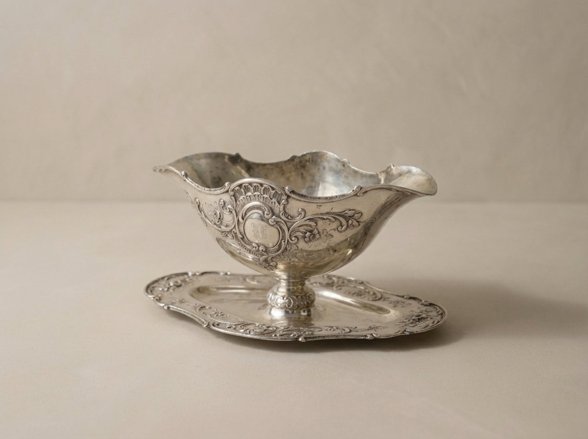 Antique Silver Rococo Repoussé Gravy Boat & Underplate