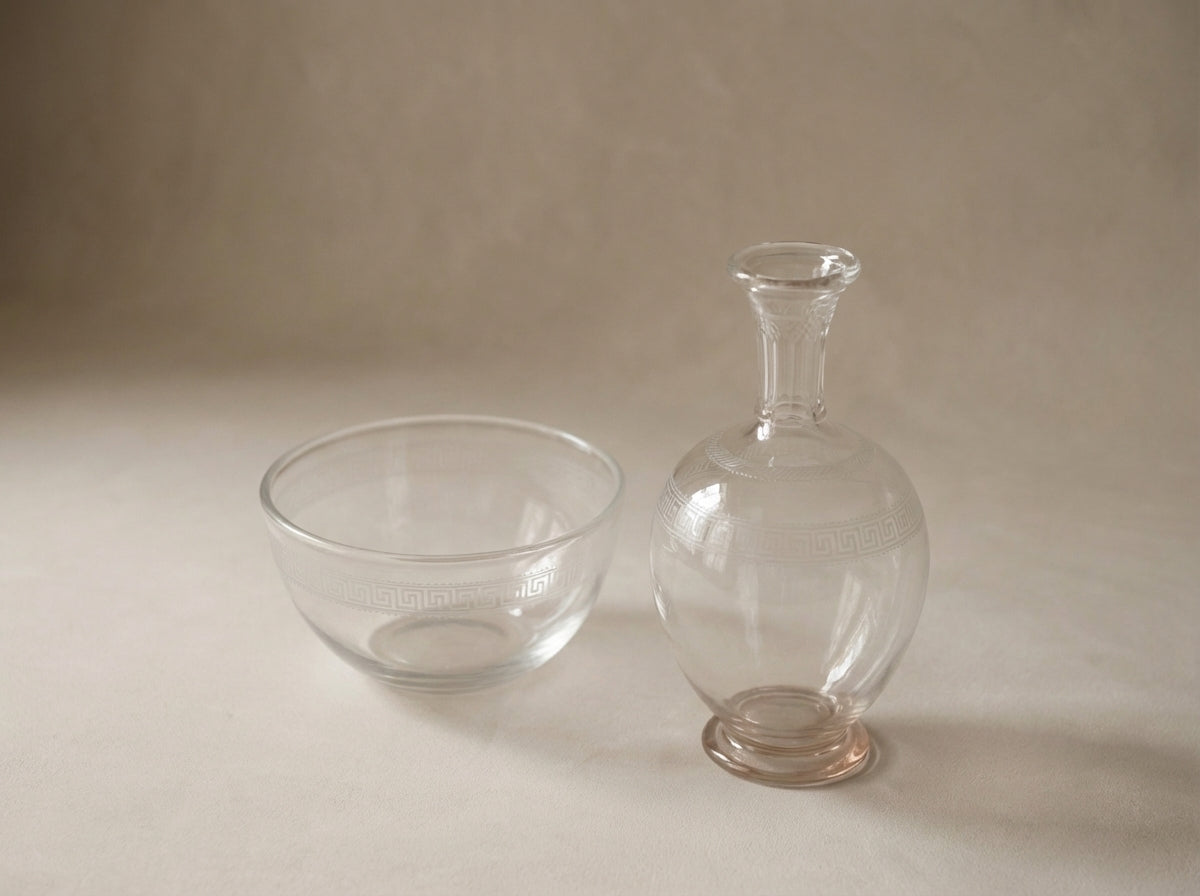 Neoclassical Etched Crystal Greek Key Vase & Bowl Set